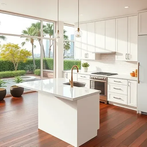 Freshly remodeled kitchen in Los Angeles with sleek white cabinetry, quartz countertops, stainless island and city skyline.