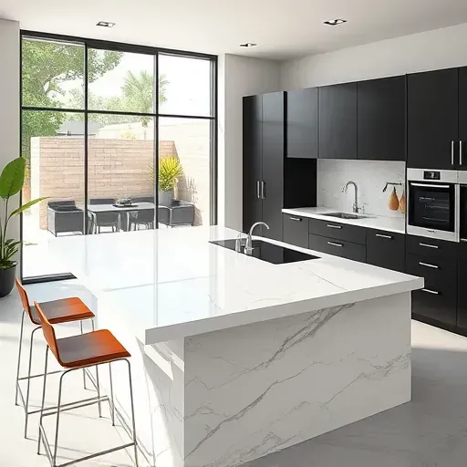 Modern high-end LA kitchen with white marble island, black cabinets, textured subway backsplash, and lush outdoor view