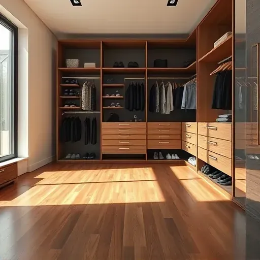 Custom Los Angeles modern closet with sleek shelving, organized clothing and accessories, hardwood floor, natural light