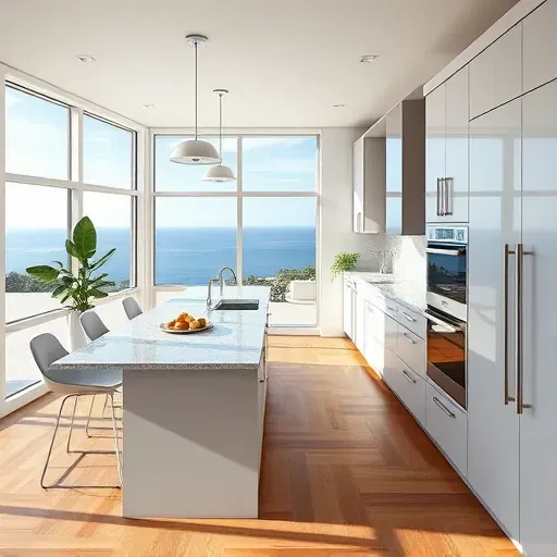 Modern Newport Coast kitchen remodel with high-end appliances, marble countertops, and bright natural light.