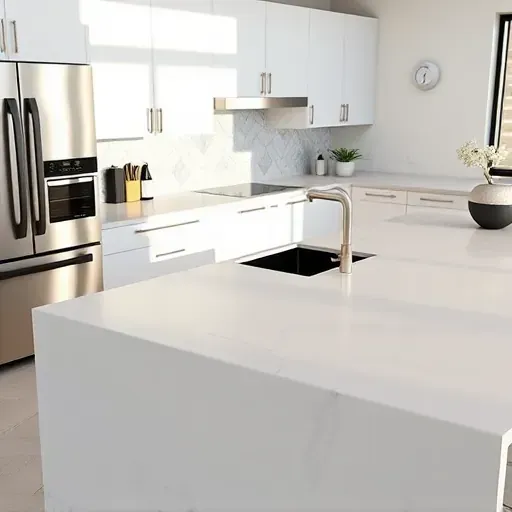 Modern Los Angeles kitchen with a sleek matte quartz countertop, minimalist cabinets, stainless steel appliances, and geometric backsplash