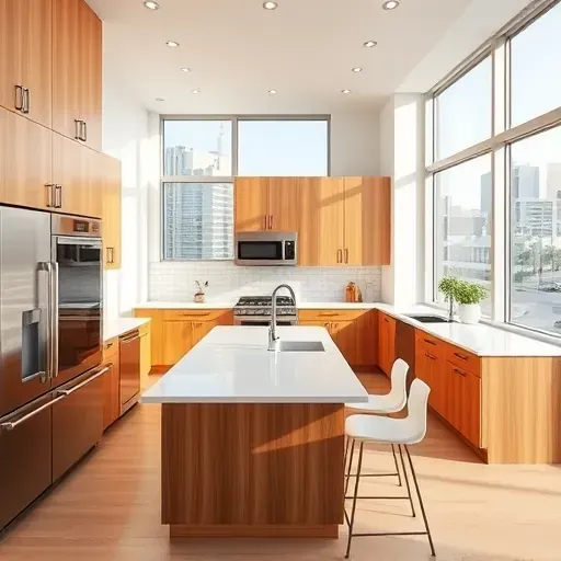 Renovated downtown Santa Ana kitchen with modern wood cabinetry, white quartz countertops, marble island, and city skyline views