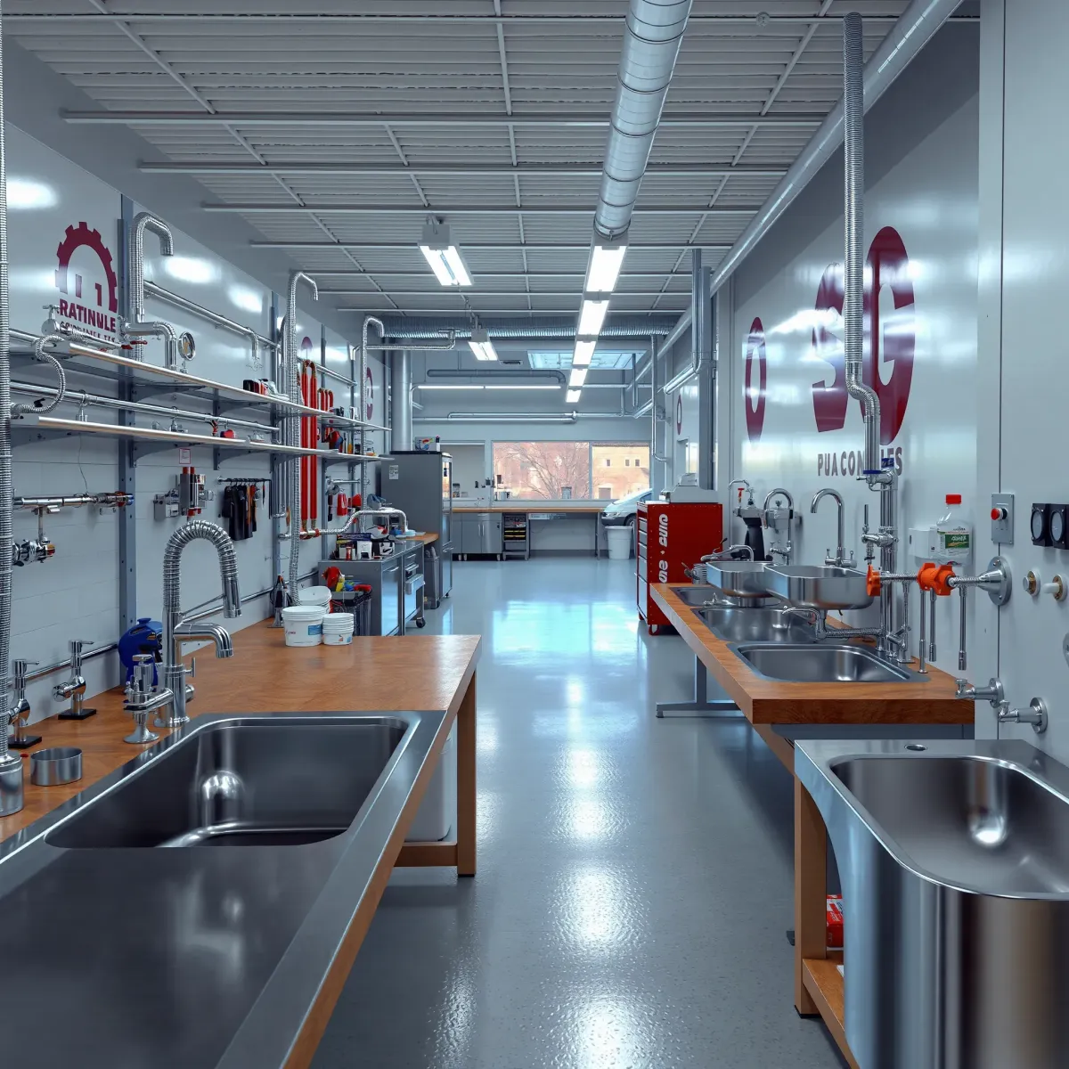 Organized Los Angeles plumbing workshop with chrome fixtures, tools, sinks, pipes, and bright natural lighting.