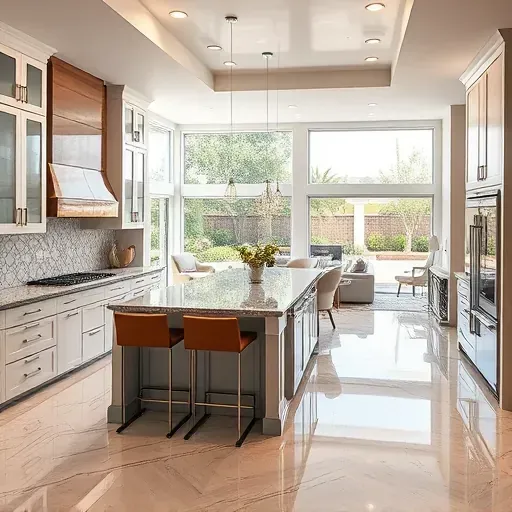 Stunning kitchen remodel in North Tustin CA featuring marble countertops, sleek cabinetry, and elegant lighting.