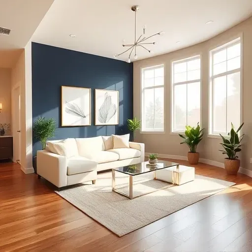 Contemporary Costa Mesa living room with polished hardwood, navy accent wall, plush furnishings, and natural light.