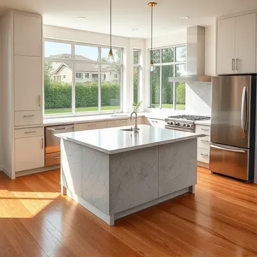 Freshly remodeled Tustin kitchen with modern cabinetry, spacious stone island, stainless steel appliances, hardwood floors, and natural light