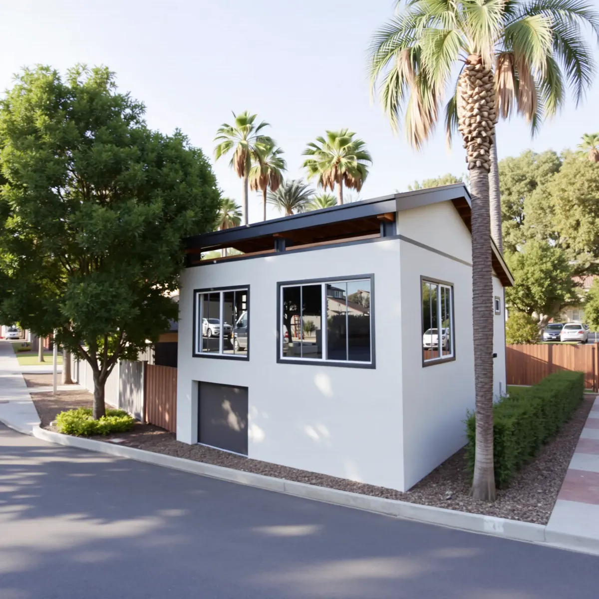 Modern North Tustin home with sleek exterior, lush landscaping, spacious driveway, and elegant outdoor lighting.