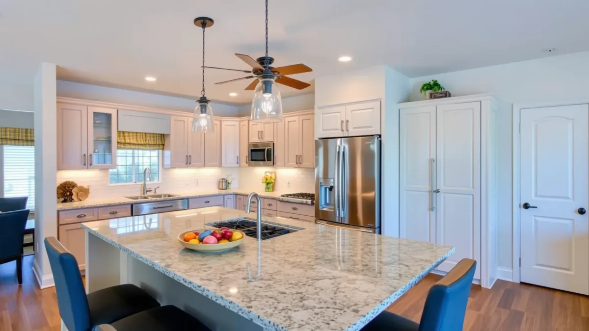 Remodeled Riverview East kitchen with modern cabinetry, marble island, high-end appliances, and natural light.
