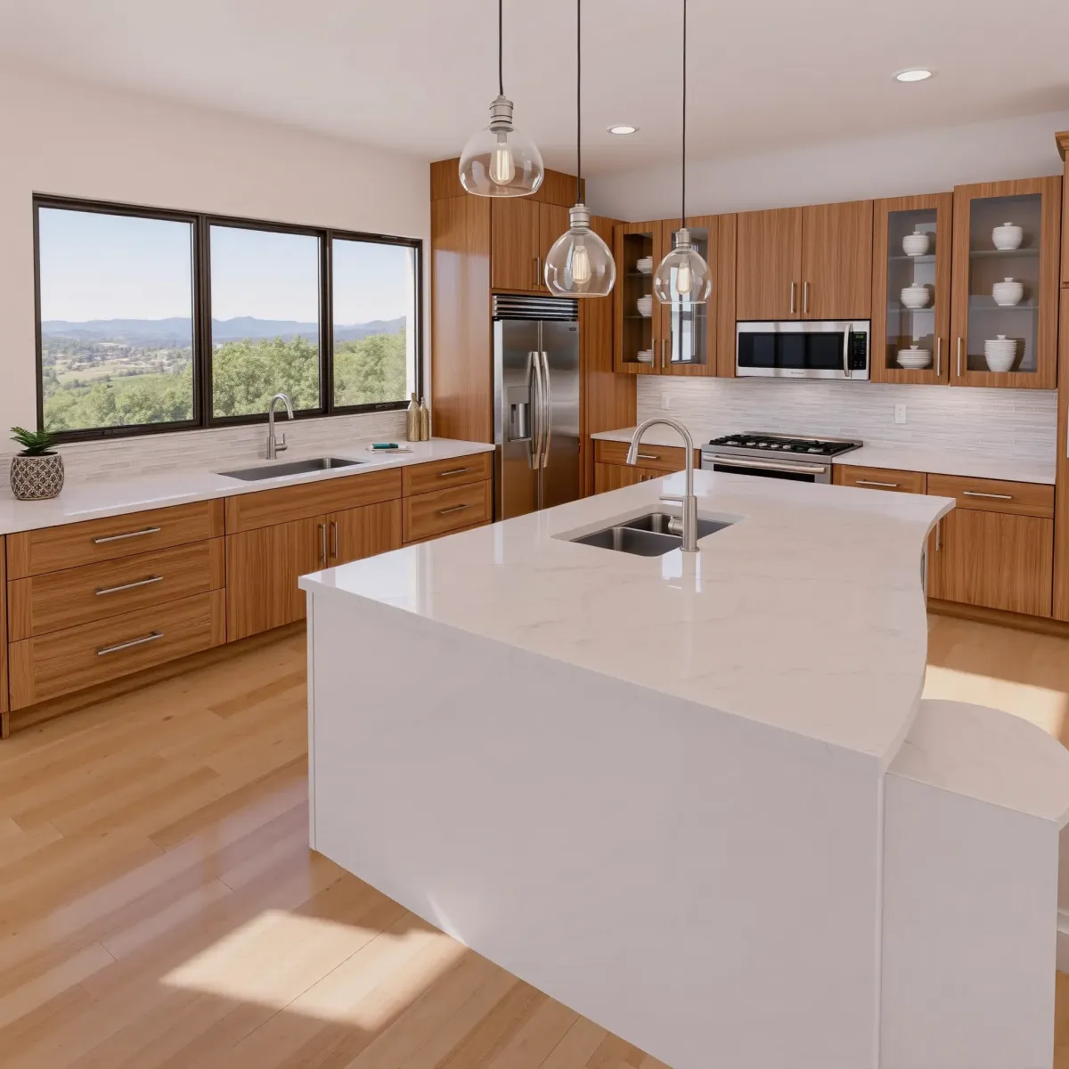 Modern kitchen in El Camino Real, CA with matte cabinets, stainless appliances, quartz countertops, subway tile backsplash, hardwood floors, and lush garden view.