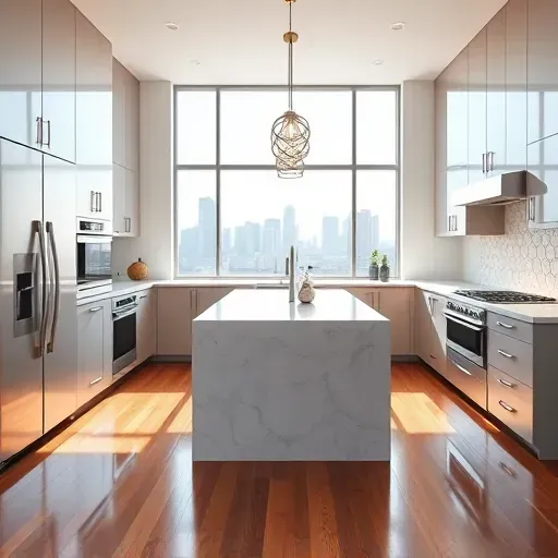 Renovated Los Angeles kitchen with modern cabinetry, marble island, high-end appliances, and city skyline view.