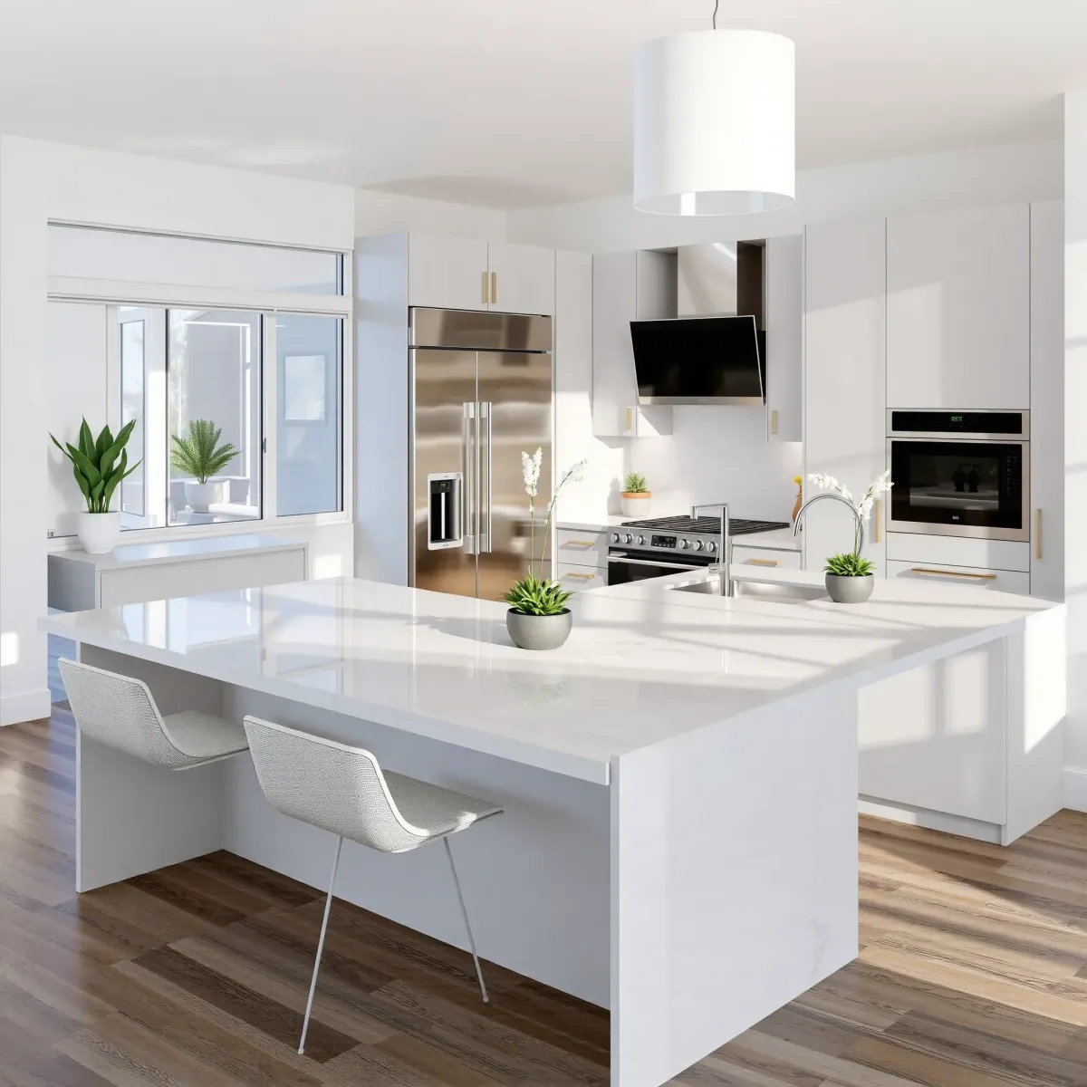 Bright, modern renovated kitchen in Floral Park, CA with sleek cabinetry, stainless appliances, quartz countertops, and open layout.