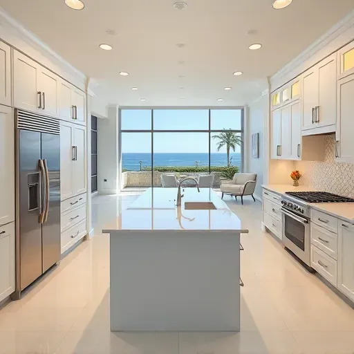 Modern kitchen remodel in San Clemente featuring white cabinetry, quartz island, and spacious living area with coastal views.