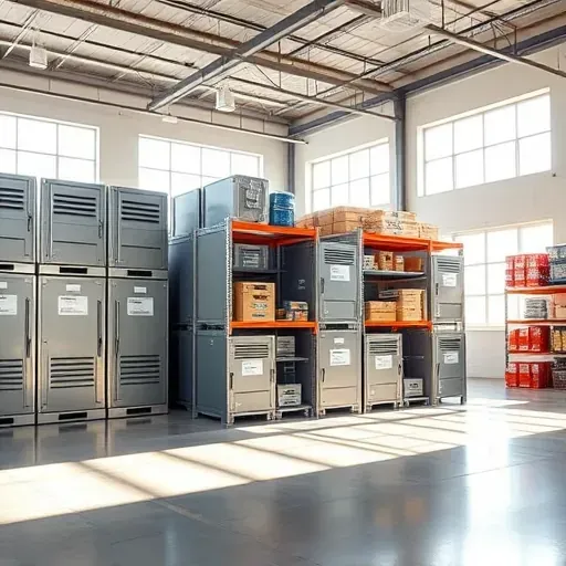Modern warehouse in Los Angeles with sleek storage units, natural lighting, organized shelves, polished concrete floor, and industrial design