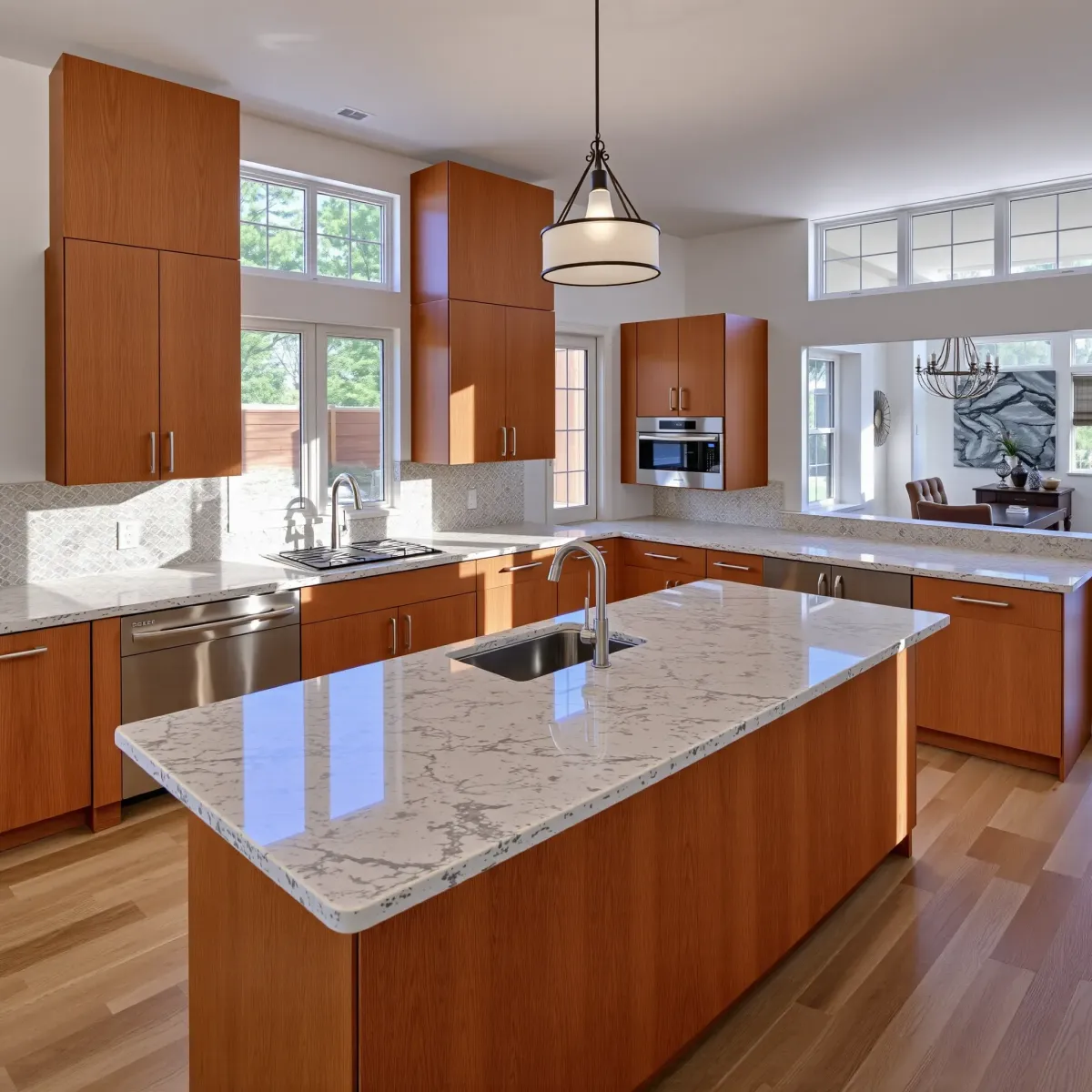 Renovated Floral Park, CA kitchen with modern wood cabinetry, granite countertops, stainless steel appliances, and natural sunlight.