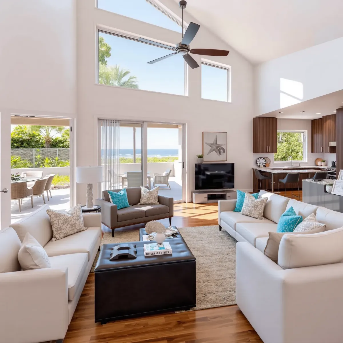 Beautiful renovated Huntington Beach home with modern coastal design, panoramic windows, lush landscaping, and stylish porch.