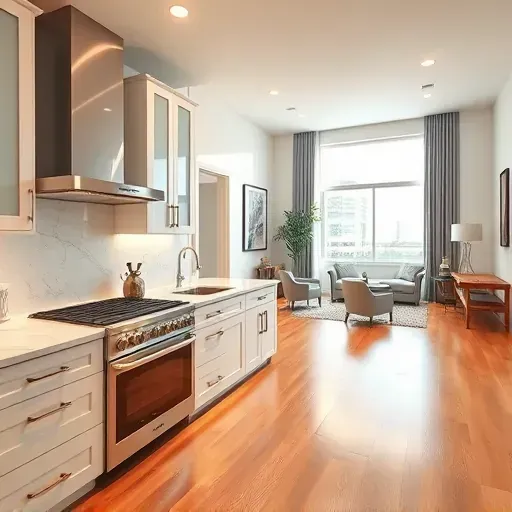 Modern kitchen remodel in North Tustin CA featuring sleek appliances, marble countertops, and elegant glass tile backsplash.