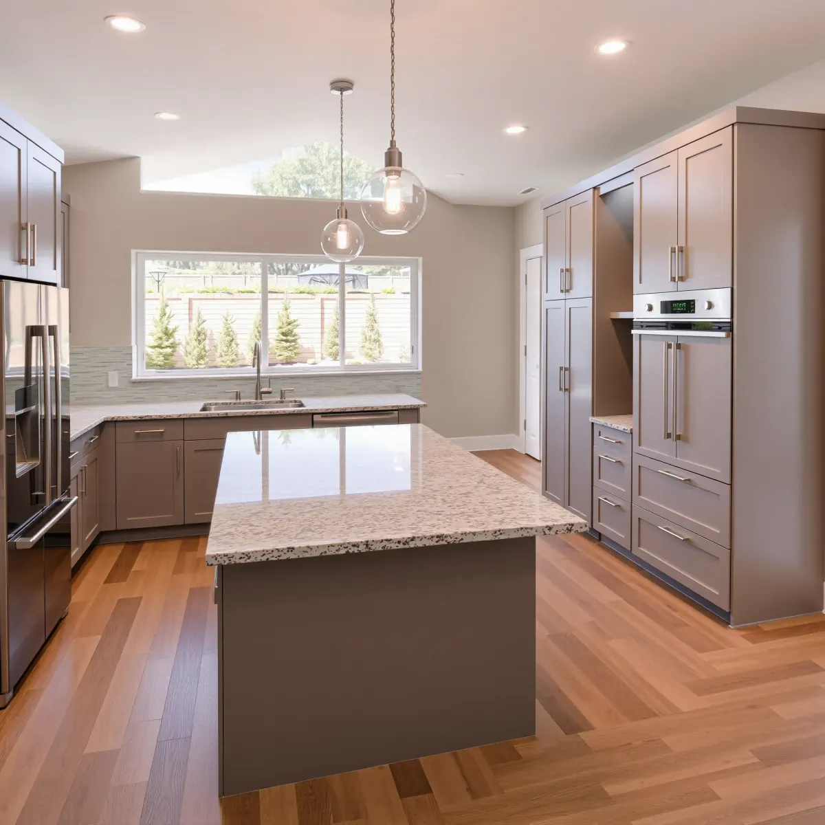 Modern Bristol Manor kitchen with granite countertops, stainless appliances, custom cabinetry, and hardwood floors.