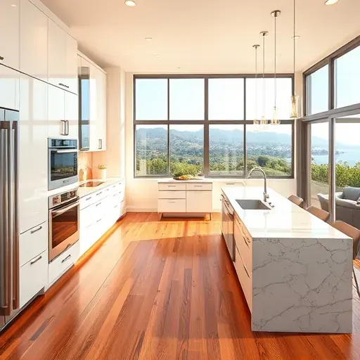 Recently remodeled modern kitchen in Laguna Niguel with sleek neutral cabinetry, granite countertops, stainless steel appliances, marble island, hardwood flooring, large windows, and scenic hillside views