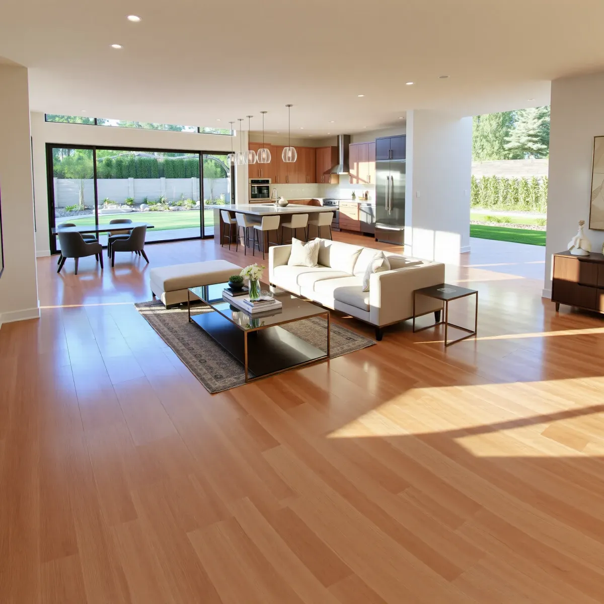 Modern remodeled living room in MainPlace, CA with hardwood floors, stylish furniture, bright windows, and sleek kitchen.