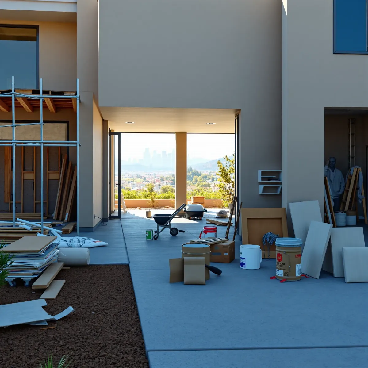 Modern Los Angeles home renovation scene with scaffolding, construction tools, and lit by natural sunlight.