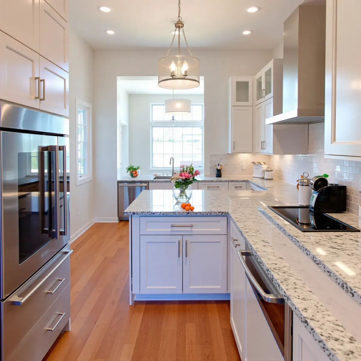 Renovated Windsor Village, CA kitchen with warm wood cabinets, stainless steel appliances, quartz counters, and natural light.
