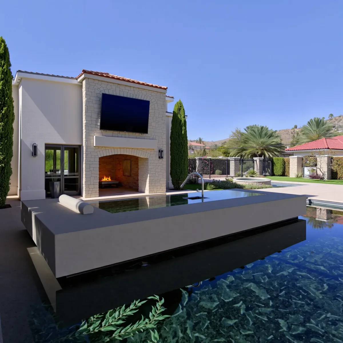 Stunning San Clemente home with coastal architecture, lush greenery, modern porch, ocean view, and elegant garage.