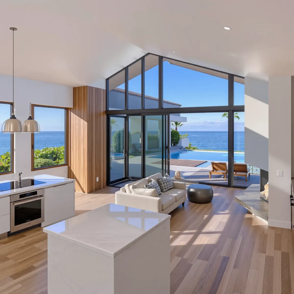 Recently remodeled modern kitchen in Westminster, CA, with granite counters, stainless appliances, and lush backyard views.