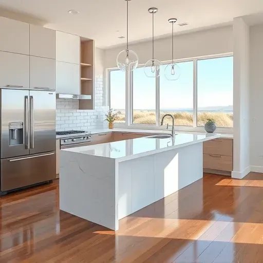 Recently remodeled Huntington Beach kitchen with sleek matte cabinetry, quartz island, stainless appliances, hardwood floors, coastal view