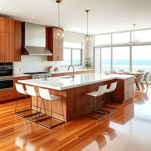 Completed elegant Huntington Beach kitchen with quartz countertops, wood cabinets, stainless appliances, and coastal decor