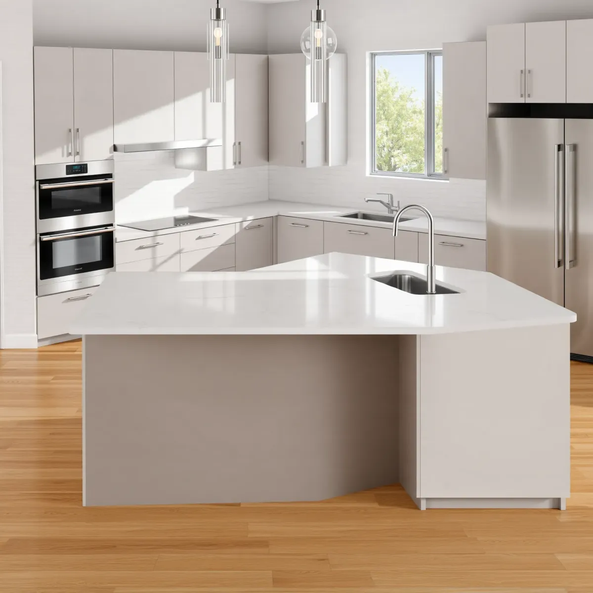 Modern East Garden Grove kitchen with white quartz countertops, gray cabinets, hardwood floors, and stainless steel appliances.