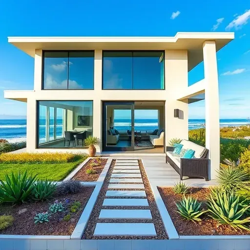 Coastal home remodel in Dana Point CA with modern façade, large windows, native landscaping, and ocean view.