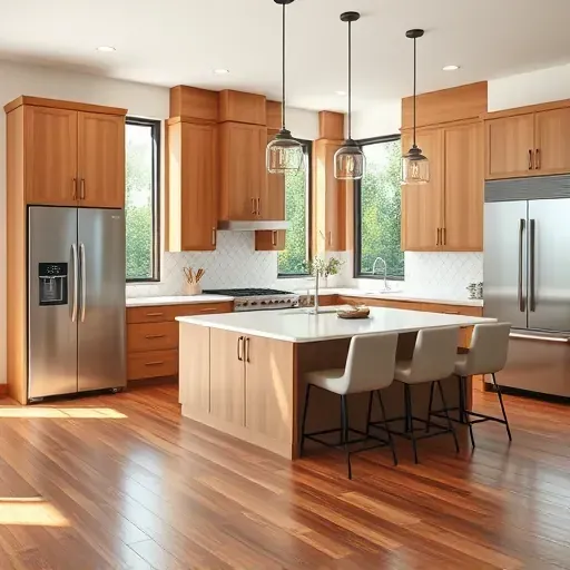 Remodeled Mission Viejo kitchen with quartz countertops stainless appliances warm wood cabinets daylight hardwood flooring farmhouse accents and pendant lighting