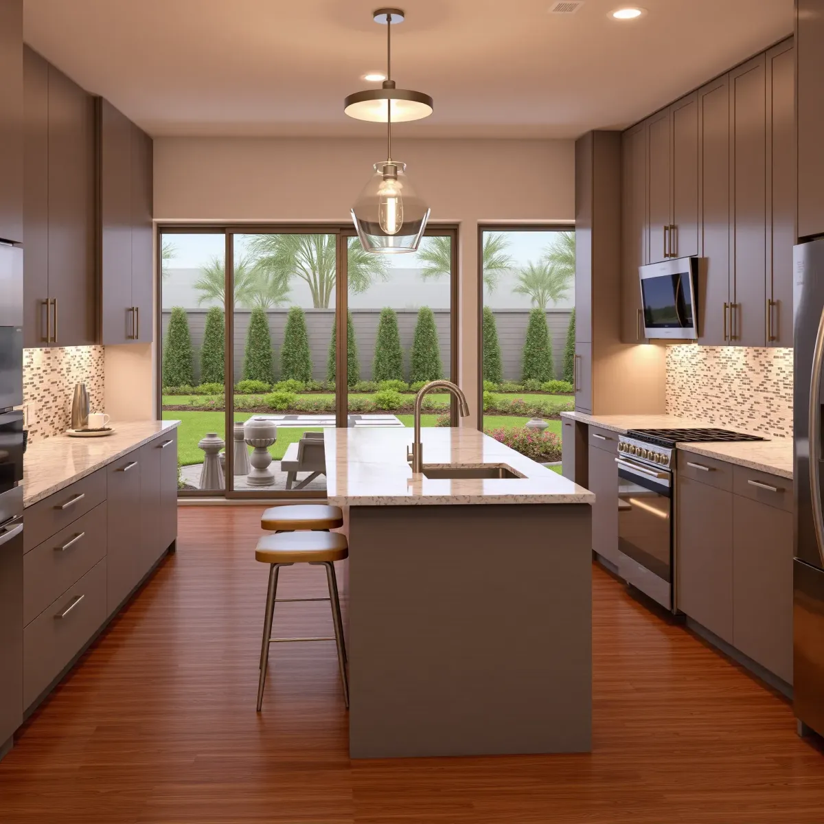 Modern Tustin kitchen with matte cabinetry, quartz island, stainless appliances, subway tiles, hardwood floors, and natural light.
