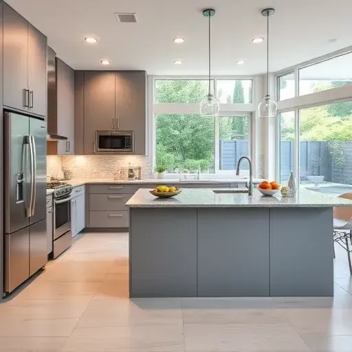 Remodeled Bristol Manor kitchen with modern matte cabinetry stainless steel appliances granite island large windows and elegant lighting