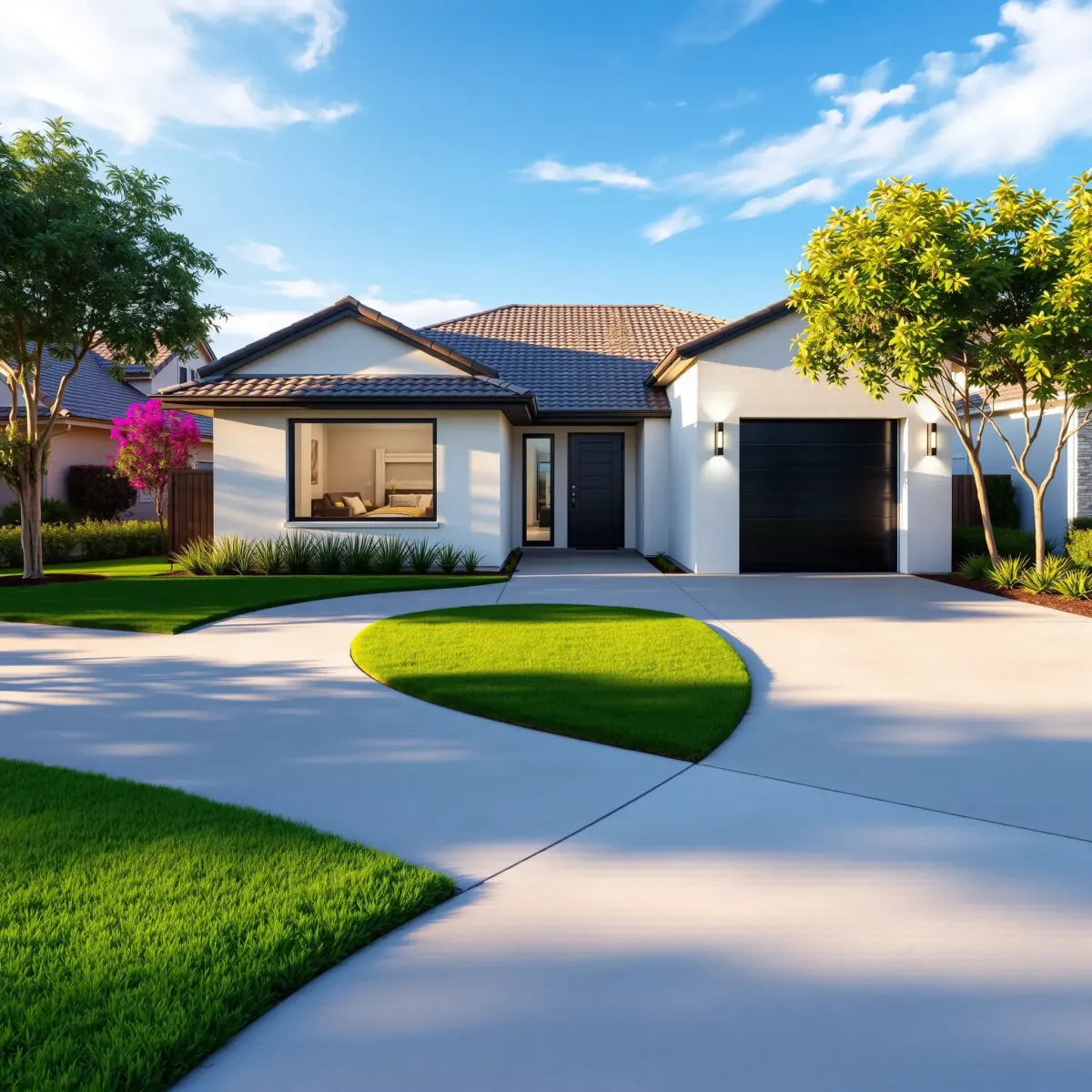 Modern renovated Portola Springs home with clean lines, large windows, landscaped yard, and mountain views.