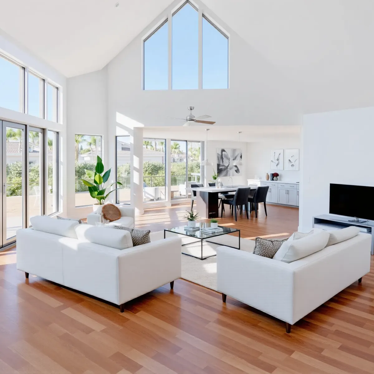 Remodeled Fountain Valley living room with modern design, large windows, stylish furniture, hardwood floors, and elegant decor.