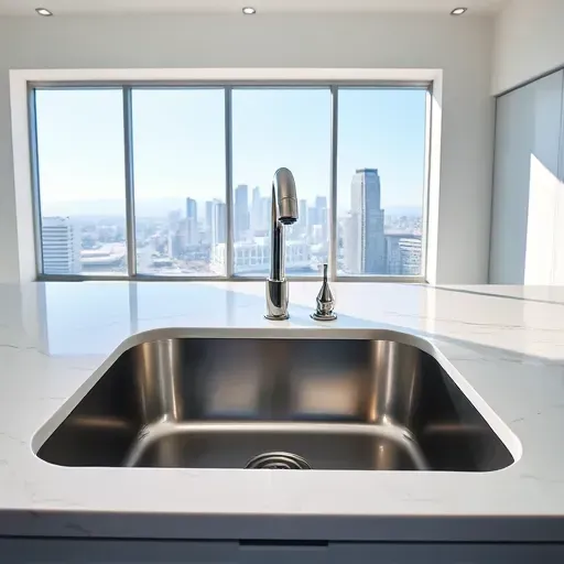 Gleaming stainless steel sink and modern faucet in a sleek minimalistic kitchen with marble countertops and Los Angeles skyline view