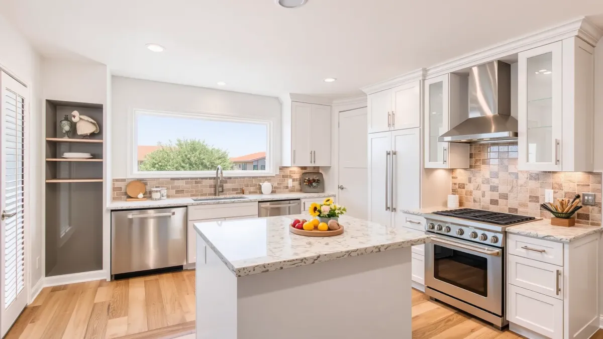 Modern Lake Forest kitchen with sleek countertops, warm cabinetry, stainless steel appliances, island, stylish lighting, and natural light.