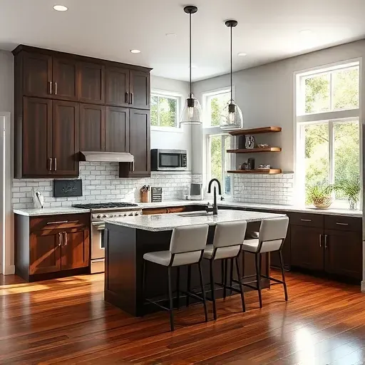 Modern remodeled kitchen in Bristol Manor CA with granite countertops, dark wood cabinetry, bright backsplash, and island.