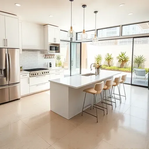 Modern Los Angeles kitchen with white cabinetry, marble island, stainless steel appliances, and elegant lighting.