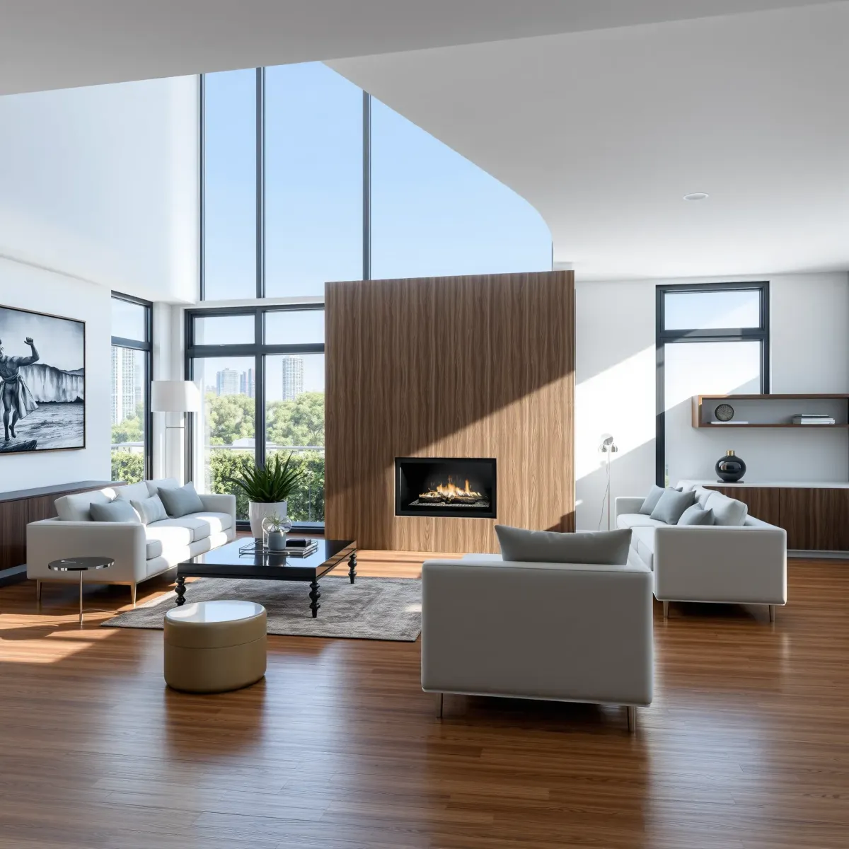Modern LA living room with high-end furnishings, hardwood floors, city views, and stylish minimalist decor.