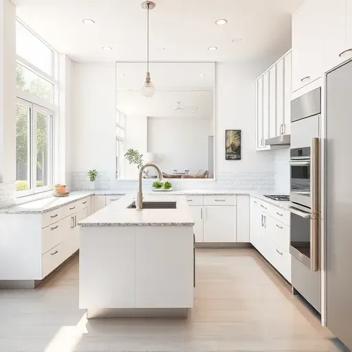 Remodeled Westside CA kitchen with glossy white cabinets stainless steel appliances granite island subway tile backsplash and ceramic flooring