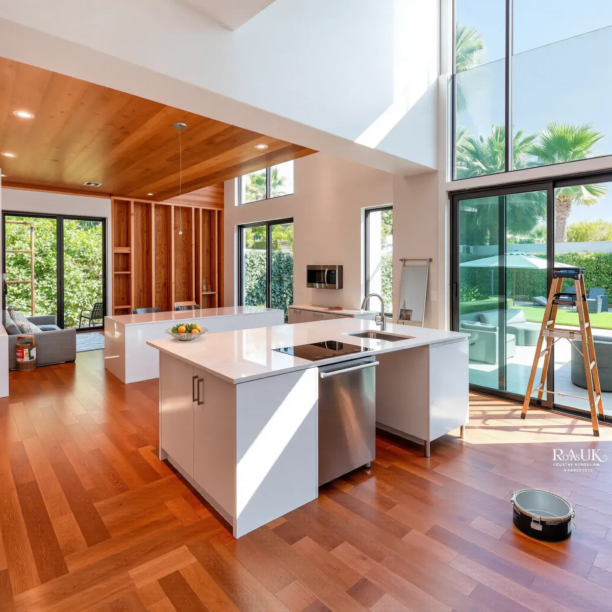 Modern Huntington Beach living room with coastal decor, neutral tones, hardwood floors, large windows, and ocean view.