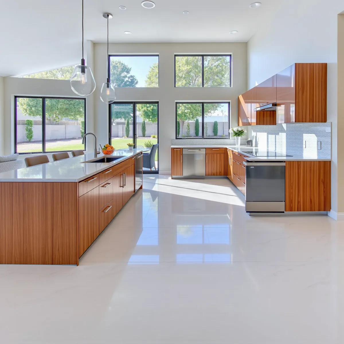 Modern renovated home interior with spacious living room, hardwood floors, large windows, stylish furniture, and lush backyard view.