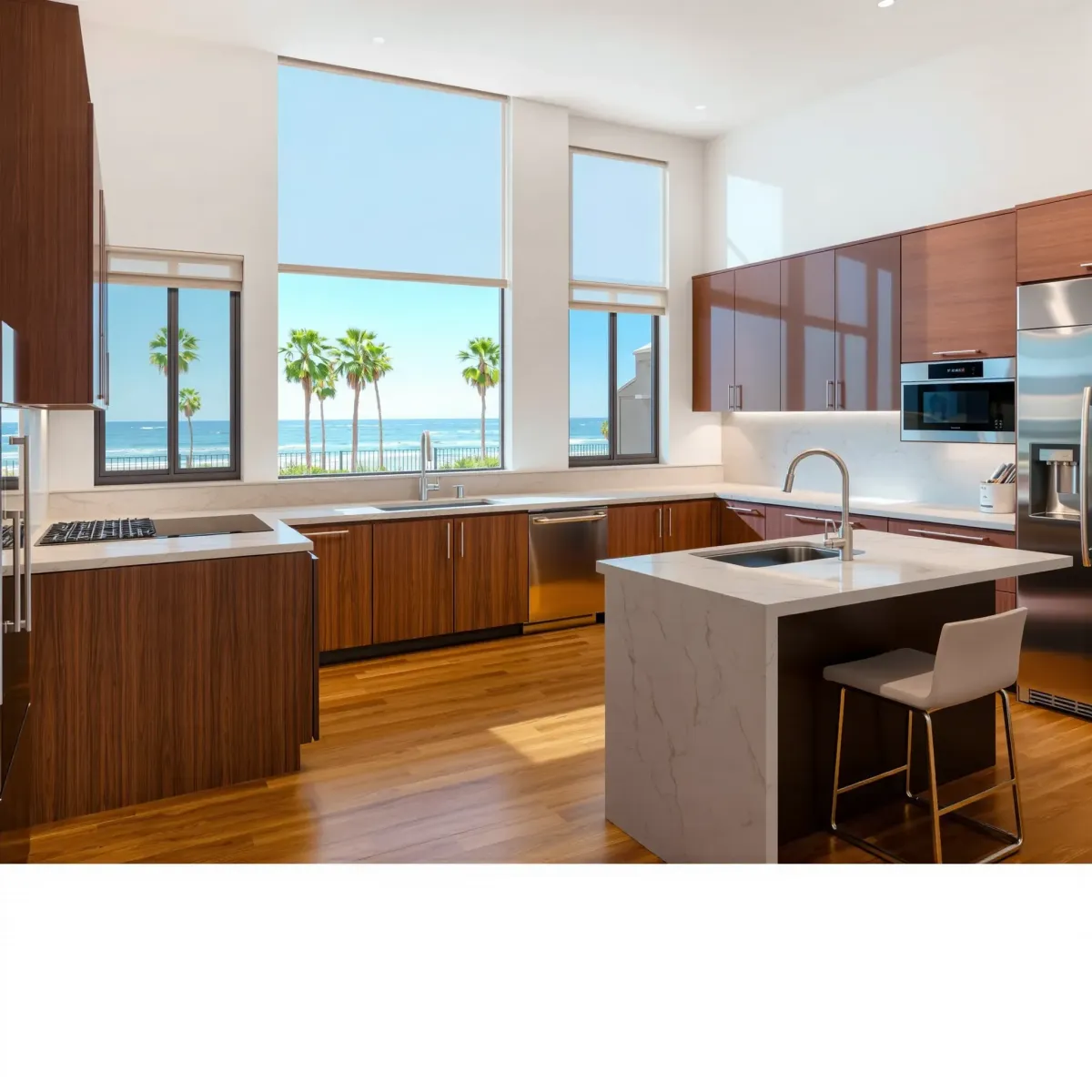 Modern South Coast Metro kitchen with white cabinets, quartz countertops, stainless steel appliances, and natural light.
