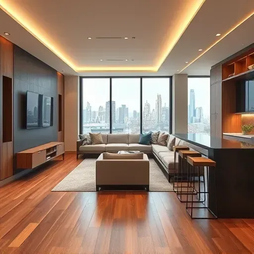 Remodeled LA basement with modern design, hardwood floors, recessed lighting, built-in cabinetry, and skyline views