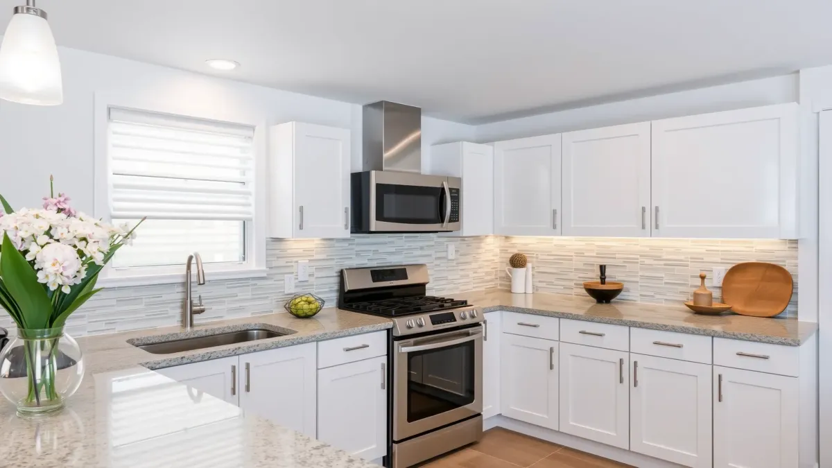 Modern renovated Costa Mesa kitchen with quartz countertops, white cabinetry, large windows, and stylish backsplash.