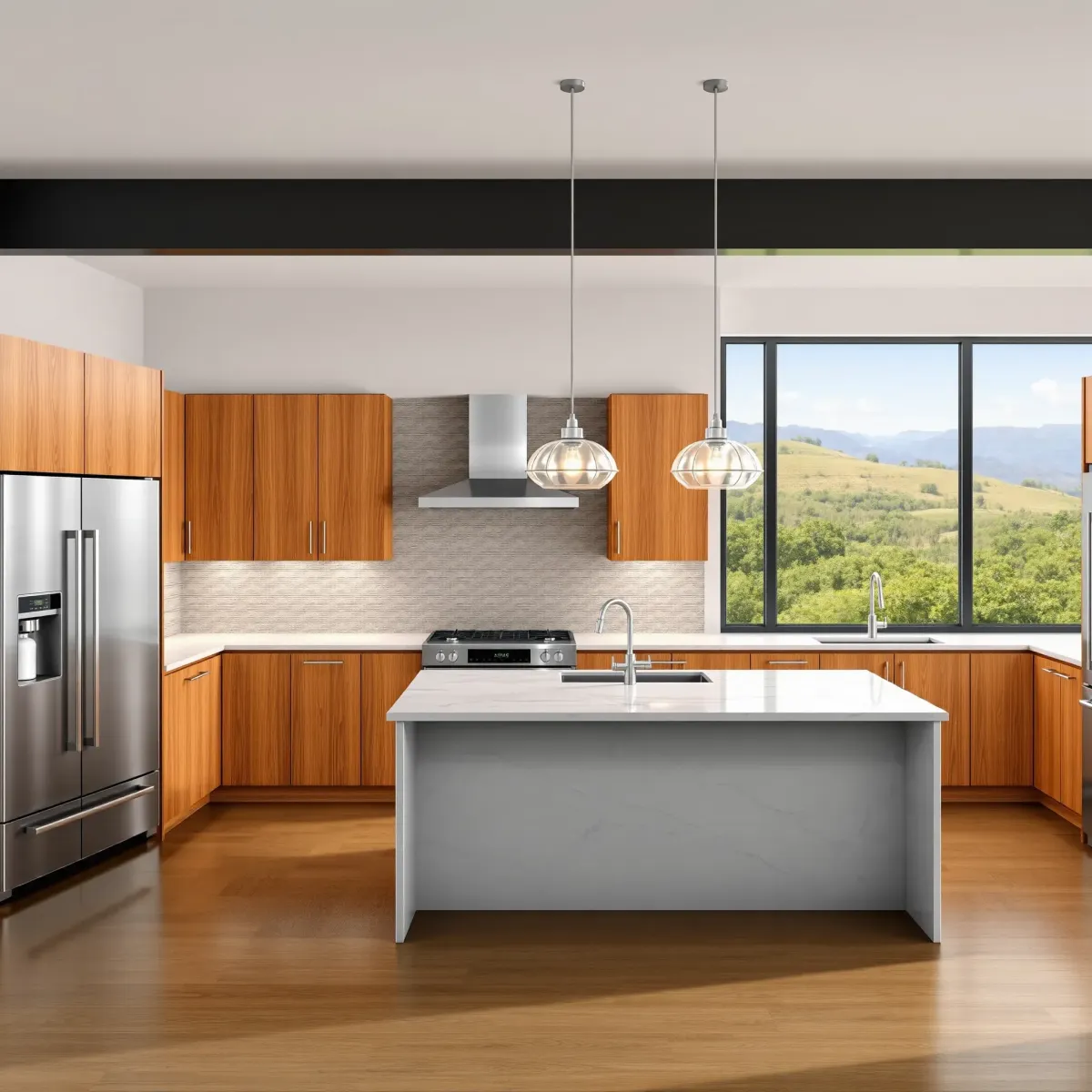 Remodeled Lake Forest, CA kitchen with matte cabinets, quartz countertops, mosaic backsplash, stainless appliances, island, and lush backyard view.