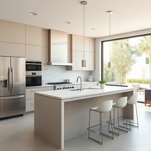 Modern kitchen remodel in Los Angeles features sleek cabinetry, stainless steel appliances, marble countertops, and natural light.
