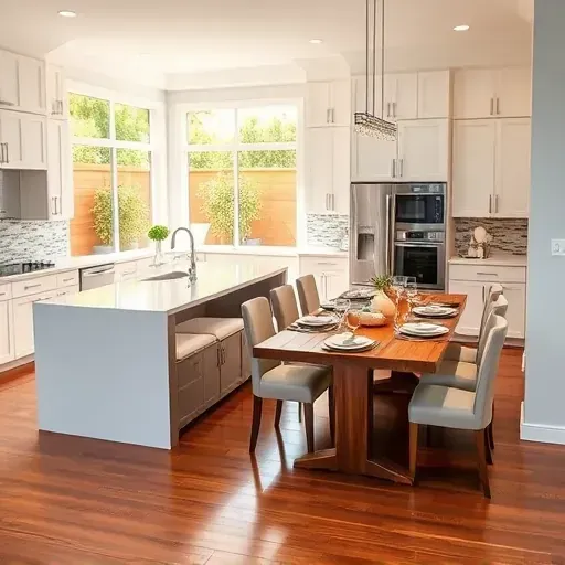 Modern remodeled kitchen in Tustin CA with quartz counters, stylish backsplash, and spacious dining area.
